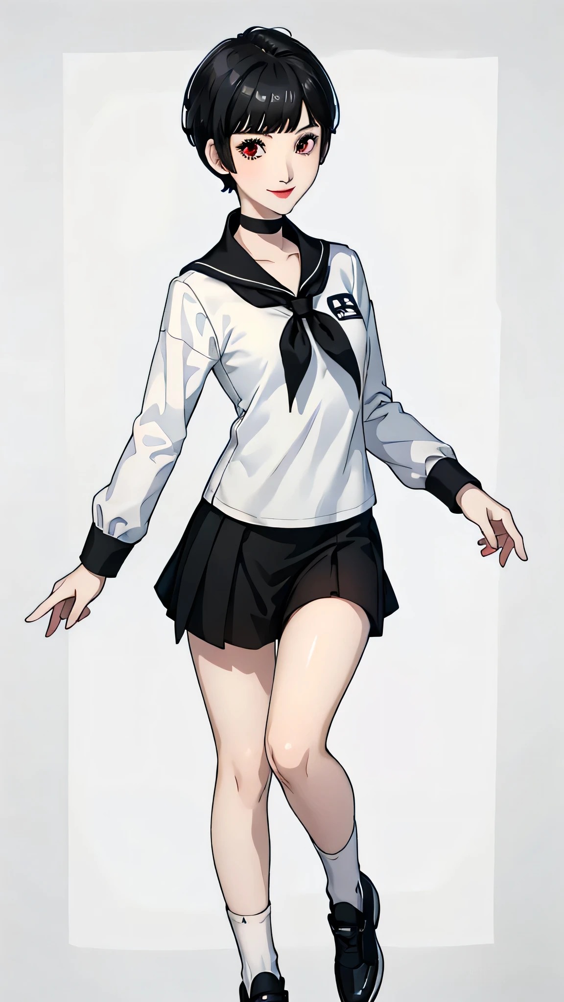 1 girl, very Short hair, black hair,tomboy Pixie haircut, red eyes, black lipstick, black choker, full body , white shorts sailoruniform, skirt , front face, white background, front face, smile, white socks, shoes 