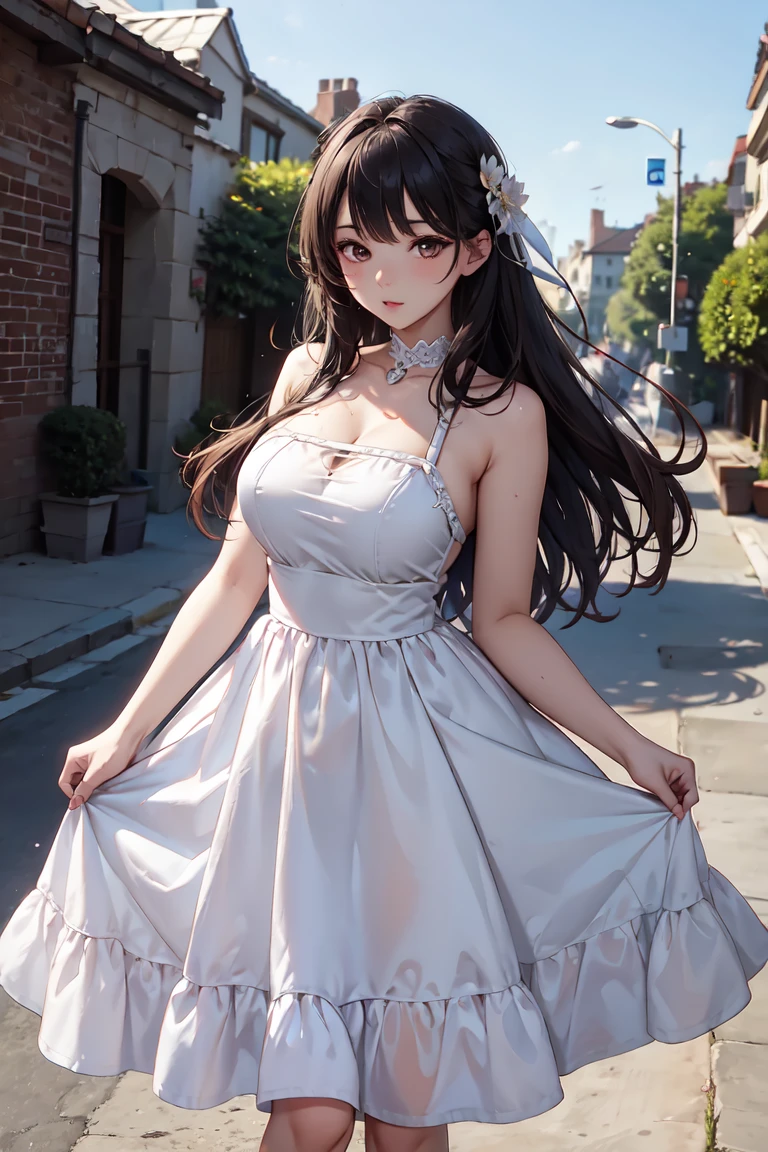 ((obra maestra)), ((mejor calidad)), (ultra detallado), ((extremadamente detallado)), 4k, (8K), mejor calidad, (Hermoso), estilo animado, mirar hacia arriba desde abajo, bar, Noche, una chica guapa, 1 chica, solo, traje, Hermoso rainbow hair, Hermoso blue eyes, ((Hermoso eyes)), De piel blanca, pendientes, cuello, sonrisa