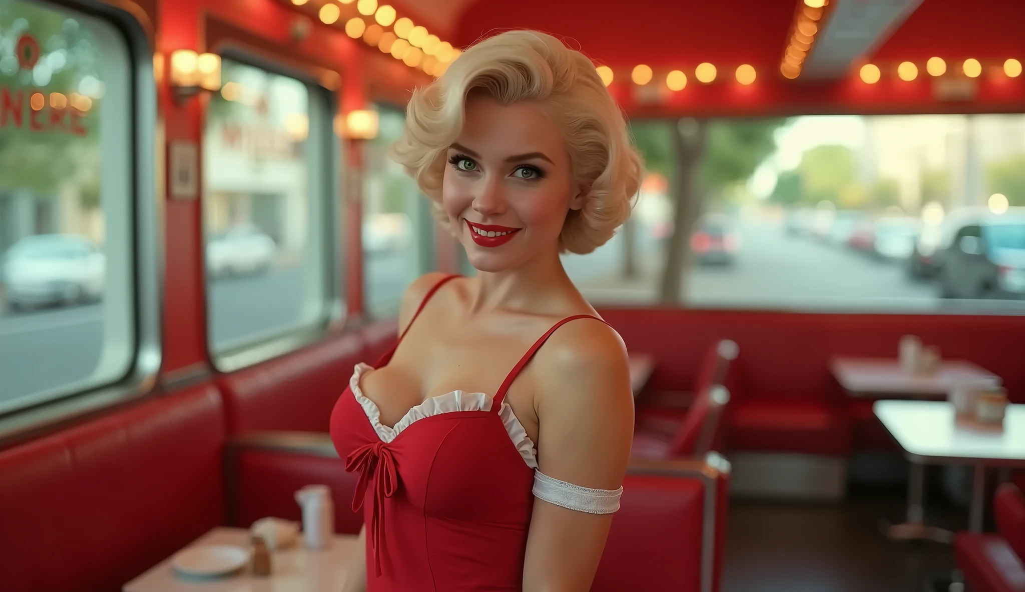 (Best Quality,4k,8k,High resolution,masterpiece:1.2),ultra-detailed,(realist, photo-realist,photo-realist:1.37), ((Best Quality)), ((masterpiece)), (detailed), ((marilyn monroe)), sexy waitress, short and tight, uniform from the 50s, ((whole body)), 50s style hair and makeup, ((50's diner)), ((large breasts and hips)), ((small waist)), ((Figura clásica de chica pin-up with curvas de los años 50 y pestañas largas, Typical American Facial Features of a Teenager.)), linda sonrisa de tarta de queso with hoyuelos, ((flushed, pink cheeks)), ((super mini skirt showing long, shapely legs)), Bobby Parish, well drawn, Perfect eyes, (well drawn hands), perfect teeth, (well drawn ???????) (kitsch), (cinematic lighting)), (cinematic lighting)), (cinematic lighting)), (cinematic lighting)
Traducido with DeepL.with (free version)