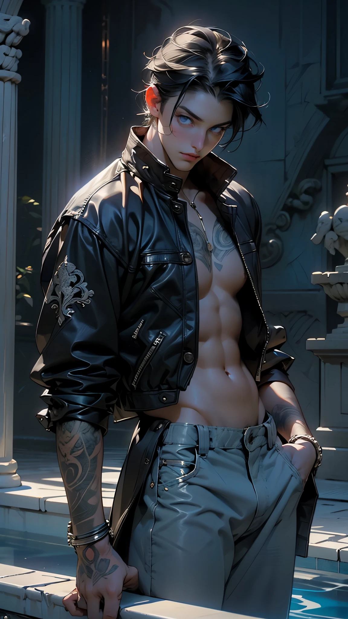 1 boy,work of art, best qualityer, very aesthetic, absurderes, dark-skinned, black mohawk hair, cross necklace, jacket with leopard fur on top, wearing no shirt, several metallic spikes on Sukuna's body ( JUJUTSU KAİSEN): A fierce man, I sign, curse bender with a cold gaze
