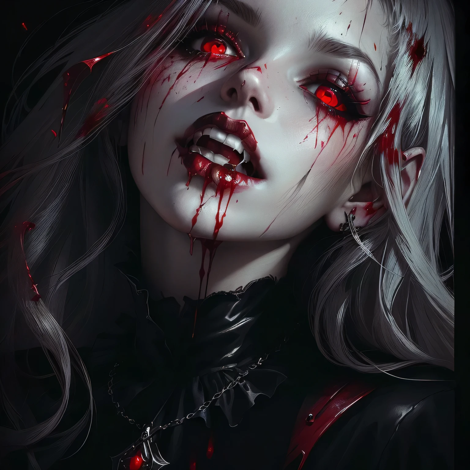 a woman with white hair and blood on her face, by Lise Deharme, pale woman covered with blood, inspired by Lise Deharme, guro art, by Charlie Bowater, blind, by Ross Tran, bloody tears, by Gottfried Helnwein, by Bastien L. Deharme, blind eyes, cgsociety 9