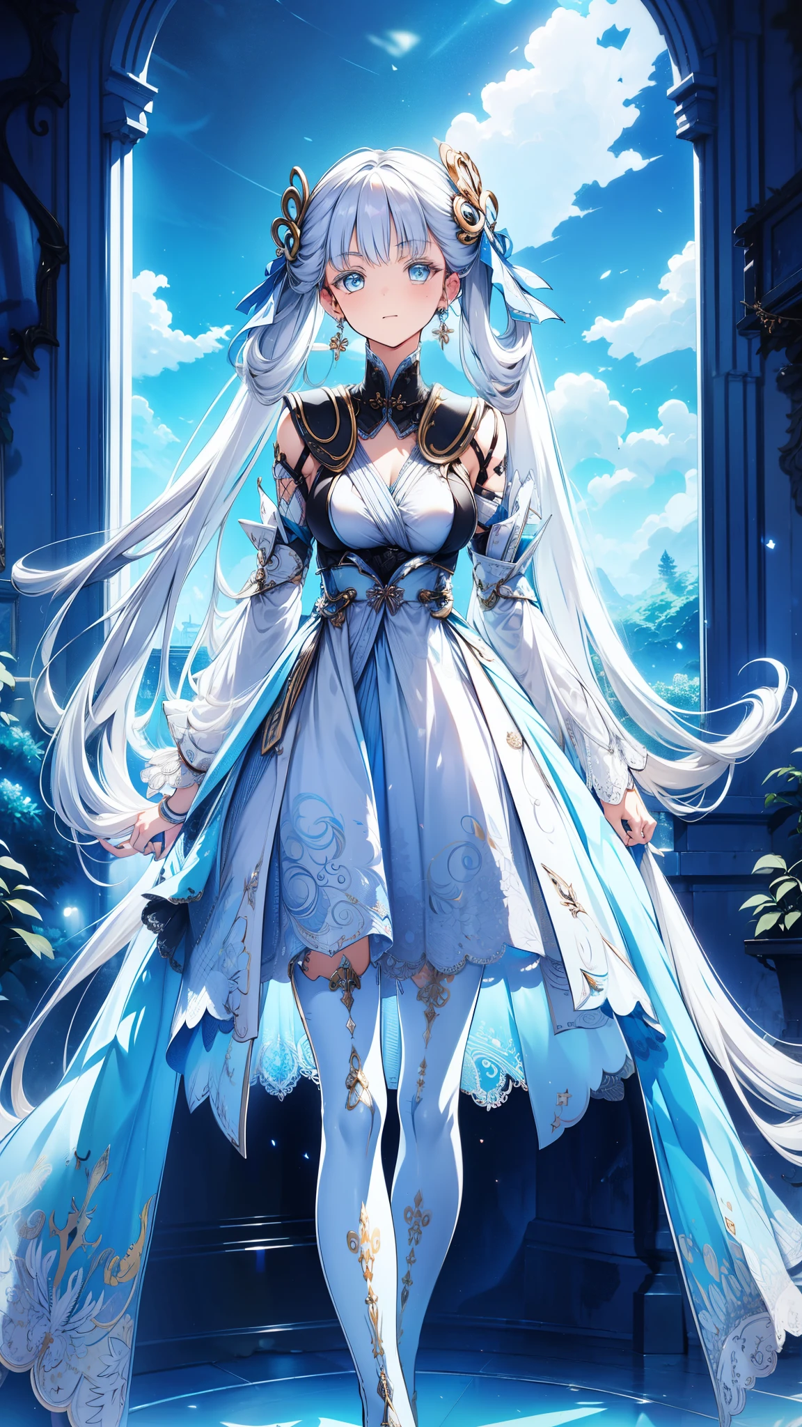  teenage girl ，obsessed，  Have Fun  ，in love，(Big white spiral dress )，Silver Hair，Blue Eyes，Transparent clothes，Exquisite hair accessories，Transparent lace，Sky blue pattern，night，Dress nicely，bedroom，solitary，night，Engraved suspender boots，  slim and beautiful face 