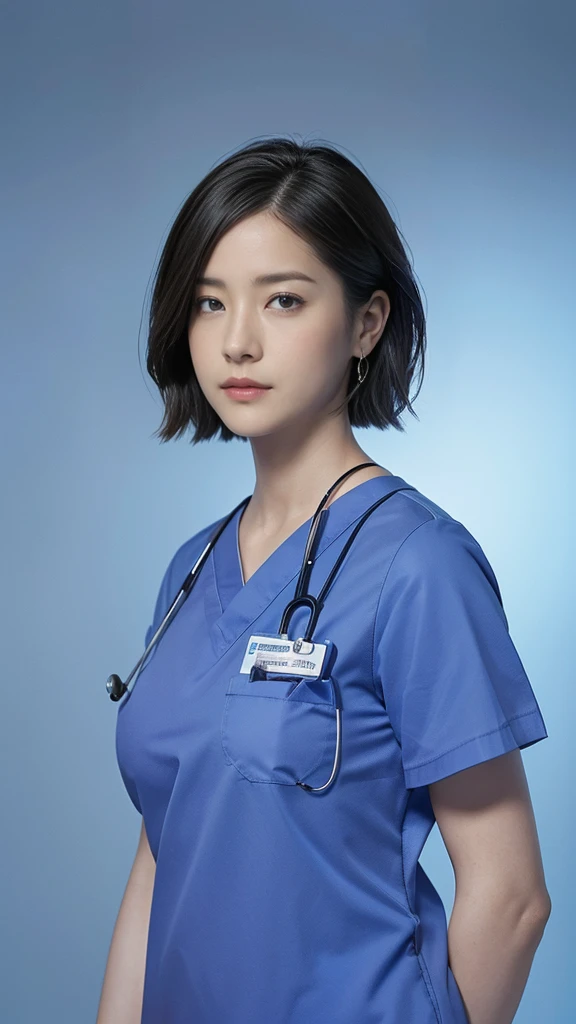 solo,  looks,  High Resolution , masterpiece,  anatomically correct, Best Quality,  Multiple Award Winners ,  ultra-fine,  textured skin, woman、((doctor's blue scrubs)), (((The background is the entrance of a university hospital ))), 40 years old、doctor、 very short hair divided by the center、Large Breasts、