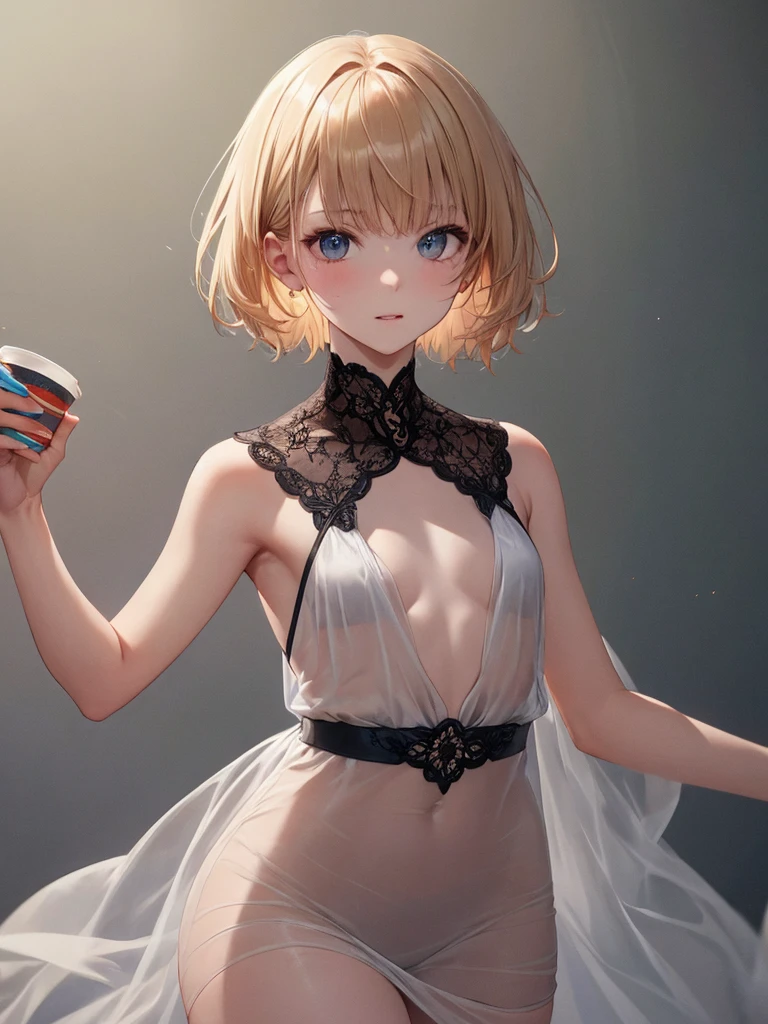 ((Highest quality)), ((masterpiece)), (detailed), Japanese,masterpiece,Upper Body,Bedroom,White skin,Blonde,short hair,Bobcut,Small breasts,Flat Chest,