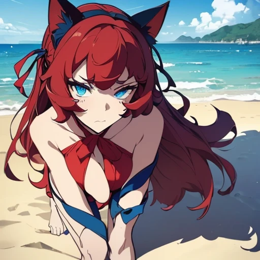 (((masterpiece), best quality, expressive eyes, perfect face, , ,  1girl,  , beach , solo, fit body , seductive pose  , full body shot, cat ears ,  , red and blue swimsuit , full swimsuit, hair ribbon,