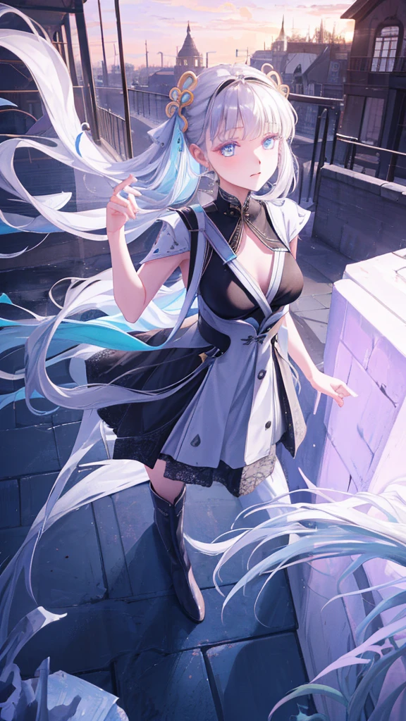  teenage girl ，obsessed，  Have Fun  ，in love，(Big black spiral dress )，Silver Hair，Blue Eyes，Transparent clothes，Exquisite hair accessories，Transparent lace，Sky blue pattern，night，Dress nicely，bedroom，solitary，night，Engraved suspender boots，  slim and beautiful face 