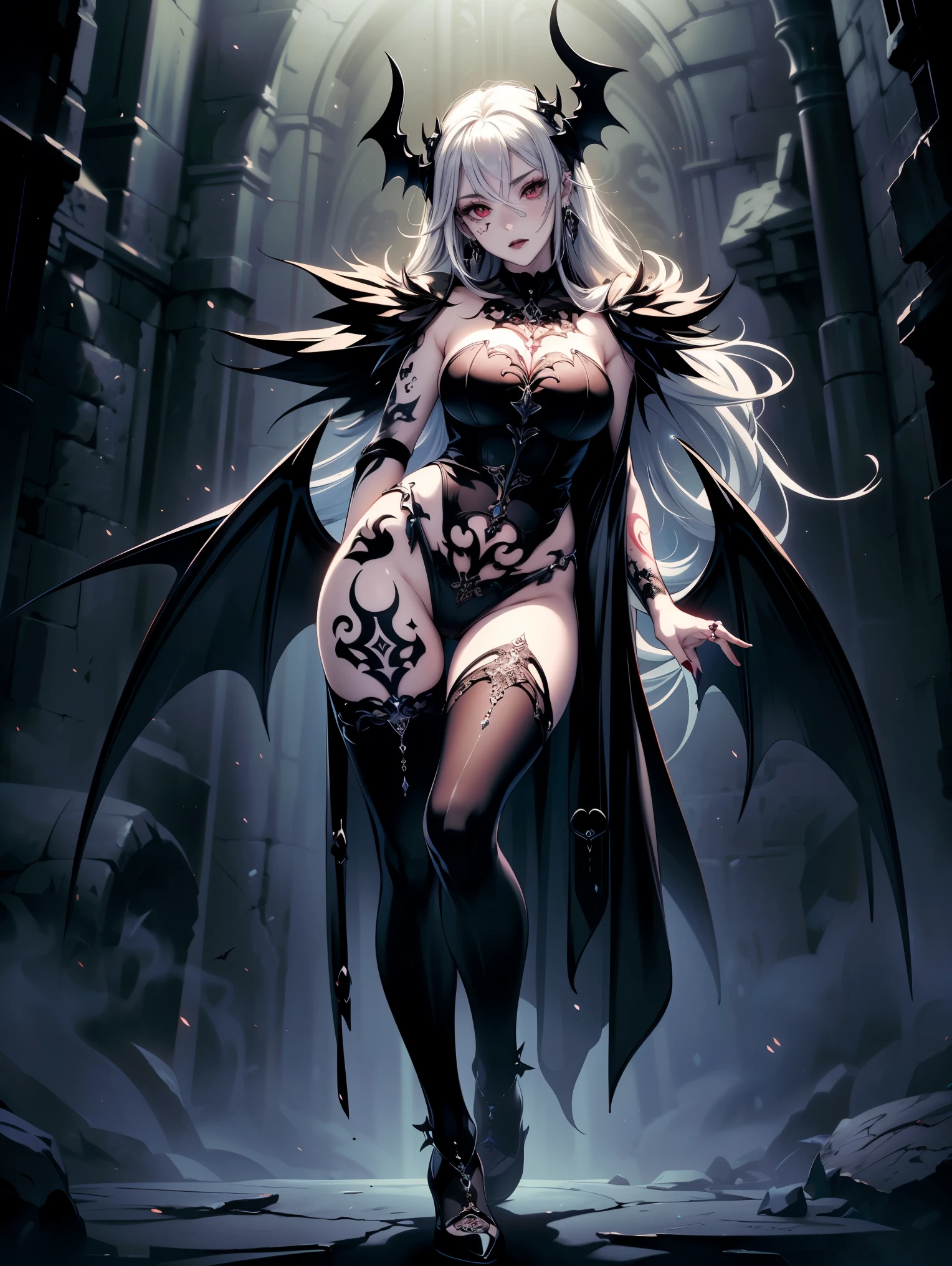 "An anime girl with red skin, blue eyes and long messy white hair, accompanied by black demonic wings, a demonic tail, and black demonic horns. The artwork should have the best quality, high resolution, and vibrant colors. Nude red skin