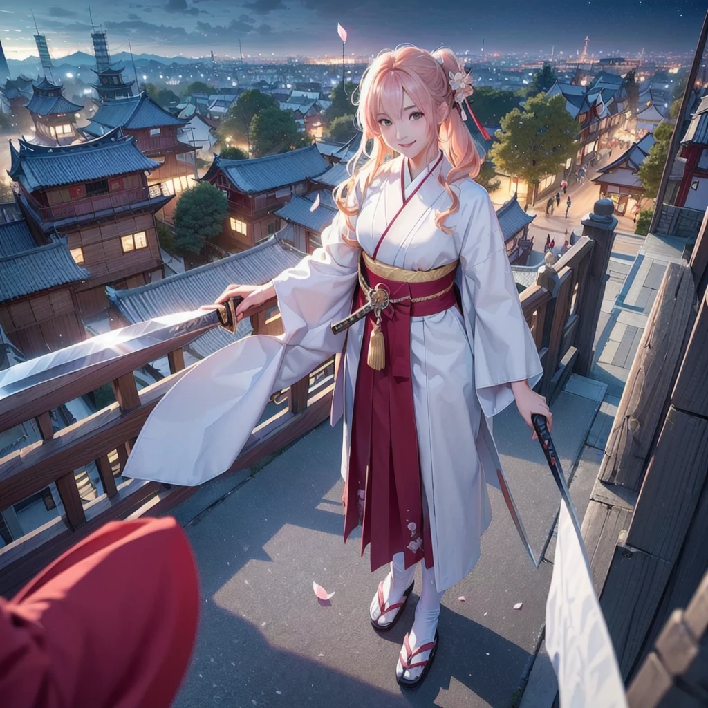 Raiden Shogun, Fine clothing, White clothes, Blunt bangs, Braid, (Middle chest: 1.4), Cleavage, Furisode, Hair ornament, White Japanese clothing, (Red belt: 1.4), (Light purple hair: 1.4), Very long hair, Straight hair, Fine face, Cool face, (Smooth chin: 0.85), Eye line, Beautiful eyes, Fine eyes, Skirt, (Sunset: 1.4), From the side, (Sakura: 1.5), Photon mapping, Physically Based Rendering, RAW Photo, Highly Detailed Background, (Photorealistic: 1.35), High Resolution, Perspective, Front-facing, (ulzzang-6500:0.4)