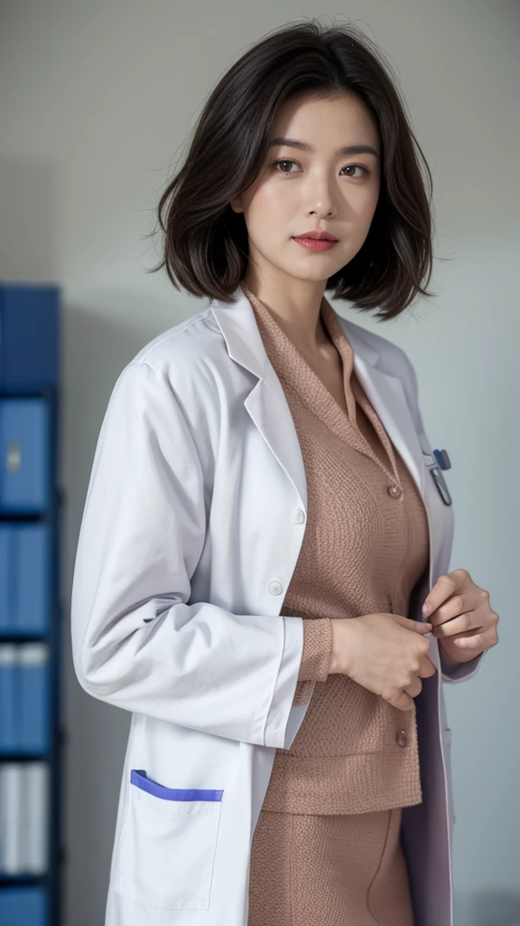 solo,  looks,  High Resolution , masterpiece,  anatomically correct, Best Quality,  Multiple Award Winners ,  ultra-fine,  textured skin, woman、((doctor's lab coat)), The background is the entrance of a university hospital 、40 years old、doctor、 very short hair divided by the center、Large Breasts、