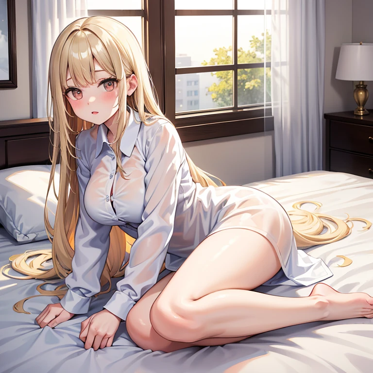 High quality, a lazy adult woman, kawaii, full body, mooning light from the window, laying on the bed, long sleeve, white, regal shirt, over sized see through shirt, shameful face, pale beige hair, wet long hair, beige eyes, real body,