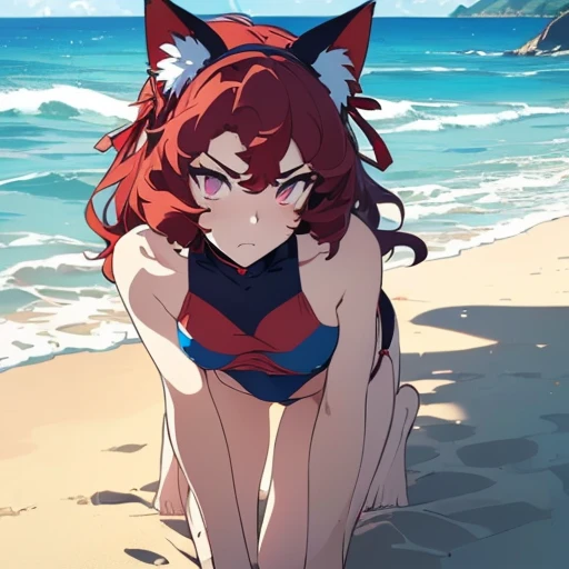 1girl ,20s,mature female,serious face,solo,red hair,red eyes,shot hair,fox ears,fox tail,hair between eyes,(simple background),bikini,full body,from back,(looking back),walking(from above)