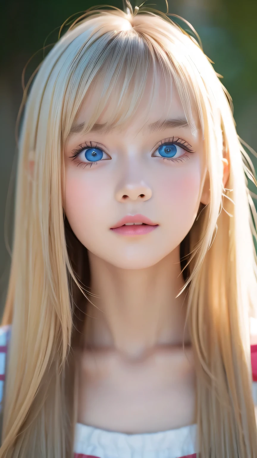 a girl with a beautiful cute face , BEAUTIFUL BLONDE HAIR ,Half Body Shot,Beautiful long bangs, beautiful cute bangs between the eyes ,Striped Hair,Round face、 very bright pale light blue eyes that shine so beautifully 、Big Eyes、Pure white beautiful skin、The luster of young cheek skin ,Small face、round face、Beautiful Girl、 extremely beautiful super long straight silky hair