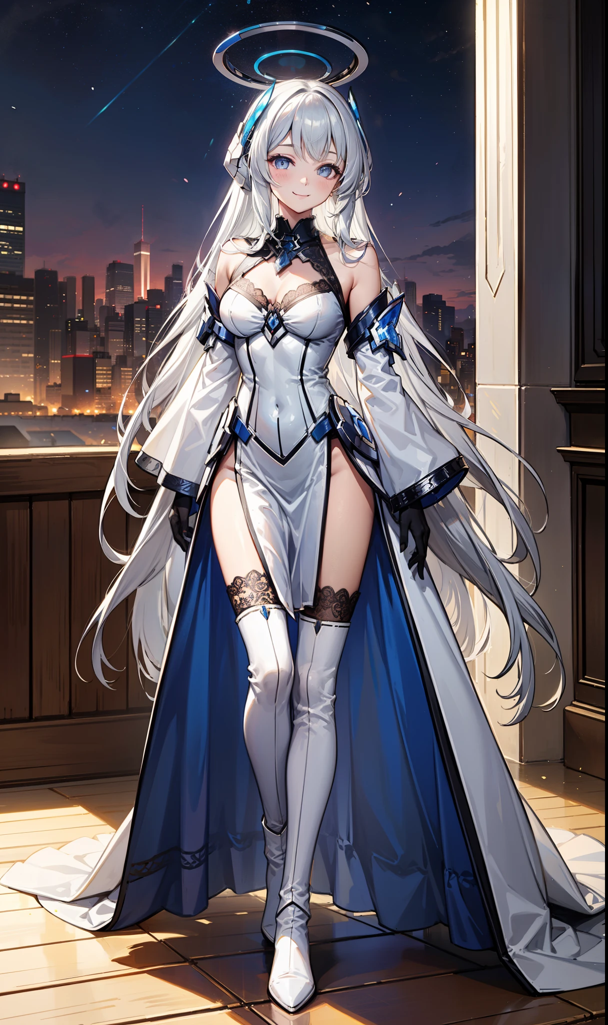 Sentinel of the Celestial Realm，Elegant and charming，charm，in love，(Fantasy world transparent white clothes)，Black gloves，Silver Hair，Smile，Blue Eyes，Intricate Outfits ，armor，Different tone decoration，Exquisite hair accessories，Transparent lace，Sky blue pattern，Light stripes，Dress nicely，indoor，night，Engraved suspender boots，Super super details，Holy Mist，Wearing mecha，Light Particles， Delicate Beautiful Eyes and Faces，armor