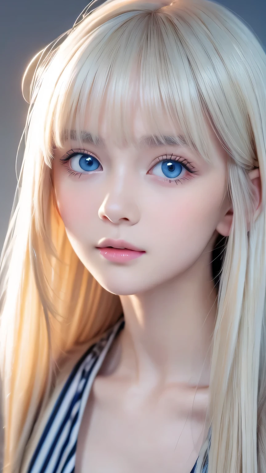  a girl with a beautiful cute face ,beautiful natural platinum blonde hair,Half Body Shot,Beautiful long bangs, beautiful cute bangs between the eyes ,Striped Hair,Round face、 very bright pale light blue eyes that shine so beautifully 、Big Eyes、Pure white beautiful skin、The luster of young cheek skin ,Small face、round face、Beautiful Girl、 extremely beautiful super long straight silky hair、Hair on face、