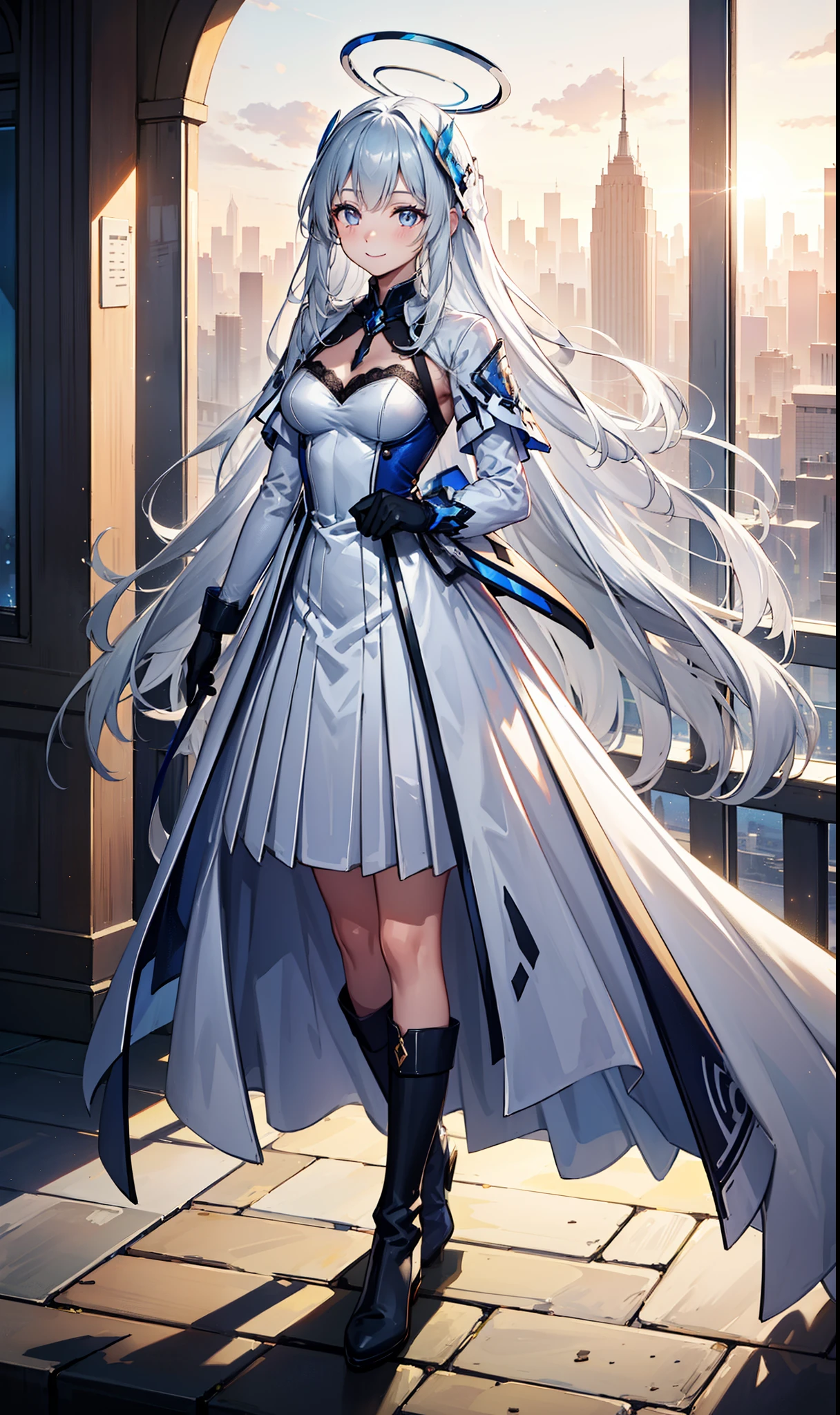 Sentinel of the Celestial Realm，Elegant and charming，charm，in love，(Fantasy world transparent white clothes)，Black gloves，Silver Hair，Smile，Blue Eyes，Intricate Outfits ，armor，Different tone decoration，Exquisite hair accessories，Transparent lace，Sky blue pattern，Light stripes，Dress nicely，indoor，night，Engraved suspender boots，Super super details，Holy Mist，Wearing mecha，Light Particles， Delicate Beautiful Eyes and Faces，armor