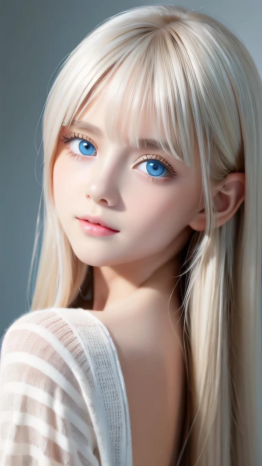  a girl with a beautiful cute face ,beautiful natural platinum blonde hair,Half Body Shot,Beautiful long bangs, beautiful cute bangs between the eyes ,Striped Hair,Round face、 very bright pale light blue eyes that shine so beautifully 、Big Eyes、Pure white beautiful skin、The luster of young cheek skin ,Small face、round face、Beautiful Girl、 extremely beautiful super long straight silky hair、Hair on face、Hair in the eyes