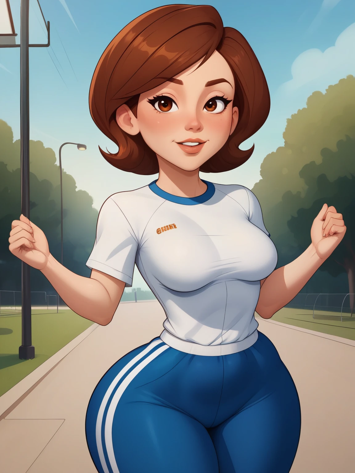 Helen Parr. checker. narrow waist. small sagging breasts. huge hips. brown hair . the average square. a white T-shirt. tracksuit. park. physical exercises.