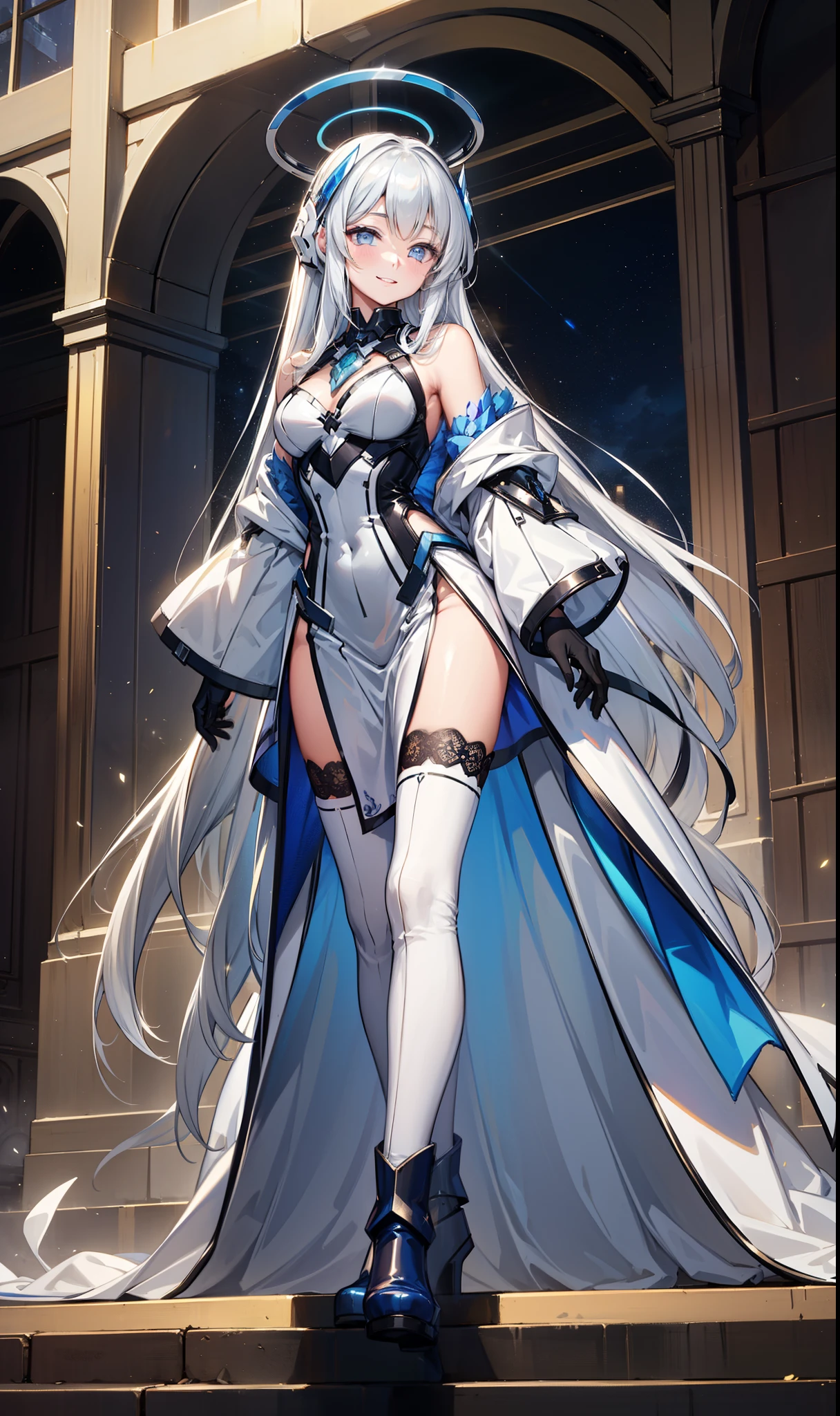 Sentinel of the Celestial Realm，Elegant and charming，charm，in love，(Fantasy world transparent white clothes)，Black gloves，Silver Hair，Smile，Blue Eyes，Intricate Outfits ，armor，Different tone decoration，Exquisite hair accessories，Transparent lace，Sky blue pattern，Light stripes，Dress nicely，indoor，night，Engraved suspender boots，Super super details，Holy Mist，Wearing mecha，Light Particles， Delicate Beautiful Eyes and Faces，armor