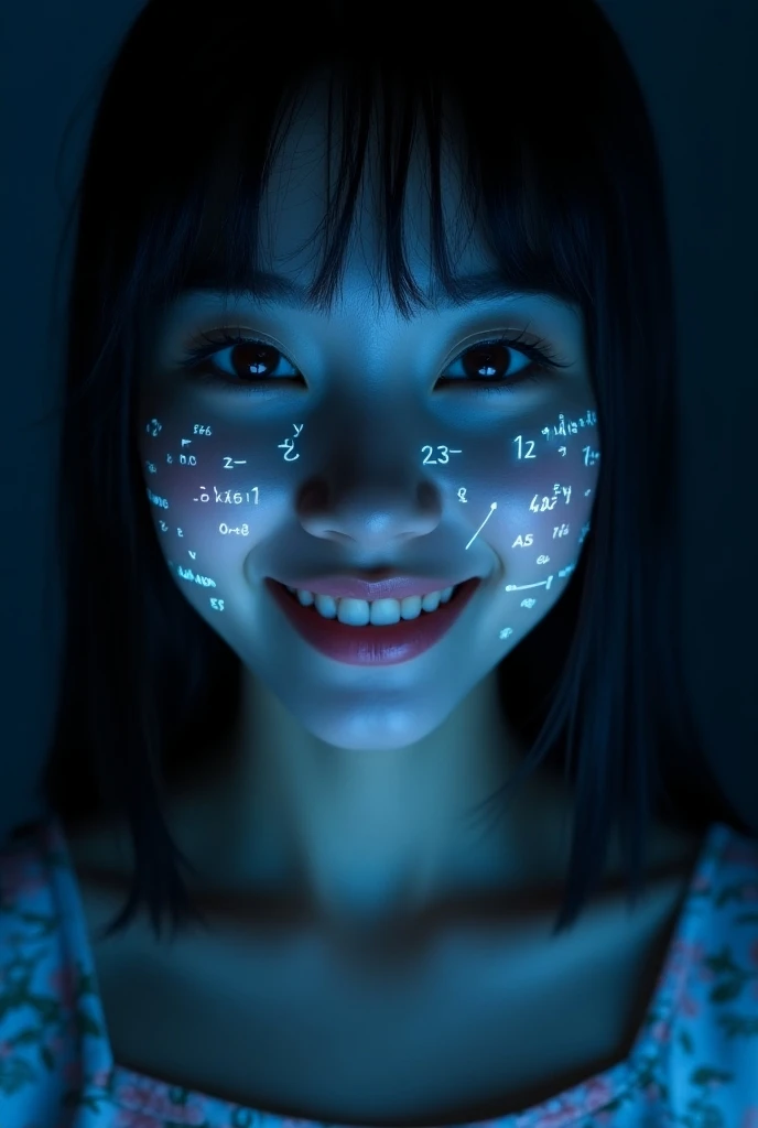 Latina woman face close-up,About 20 years old, Glowing orange holographic equations projected onto her skin. Strong gaze, Realistic features. Dark background, Cyberpunk aesthetics. Glowing math formulas, Handwriting style. Futuristic, High-tech atmosphere. Photorealistic rendering, Dramatic Lighting, In sharp contrast,Young and energetic, Charming model, (Exquisite eyes, Delicate lips), Show a bright smile, Create stunning girl images, Color Saturation Extreme Art, Extremely detailed CG, Unity 8K wallpaper, (High Dynamic Range :1.4), (Movie atmosphere),(Soft colors), (Natural skin texture, ultra-practical, Soft Light, sharp),(Very detailed),