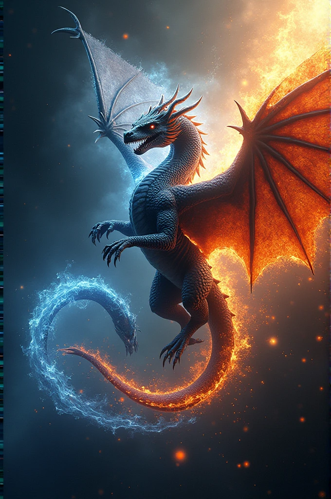 Ice dragon standing on a dead fire dragon it has wings that it fought in a half frozen half burning forest
