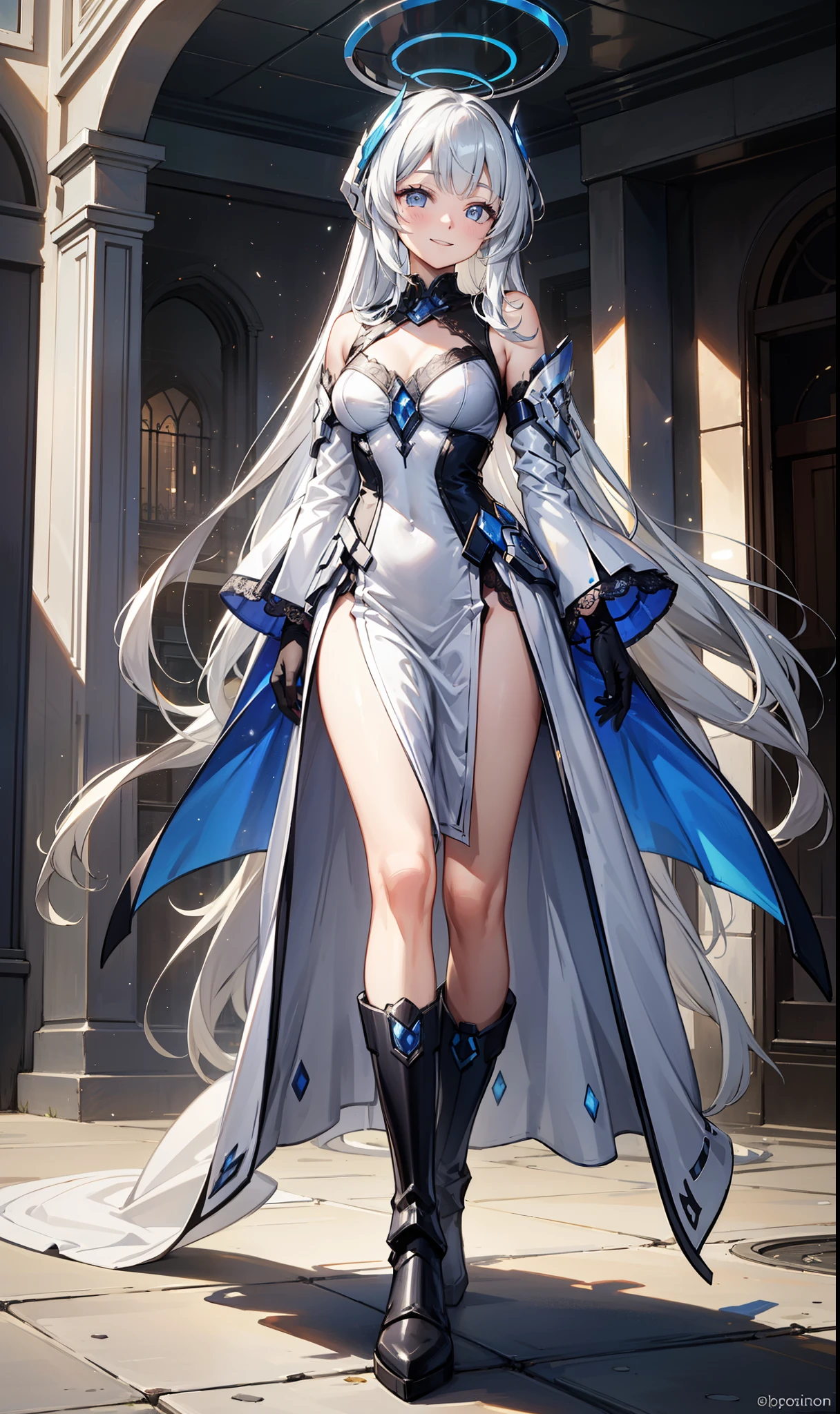 Sentinel of the Celestial Realm，Elegant and charming，charm，in love，(Fantasy world transparent white clothes)，Black gloves，Silver Hair，Smile，Blue Eyes，Intricate Outfits ，armor，Different tone decoration，Exquisite hair accessories，Transparent lace，Sky blue pattern，Light stripes，Dress nicely，indoor，night，Engraved suspender boots，Super super details，Holy Mist，Wearing mecha，Light Particles， Delicate Beautiful Eyes and Faces，armor