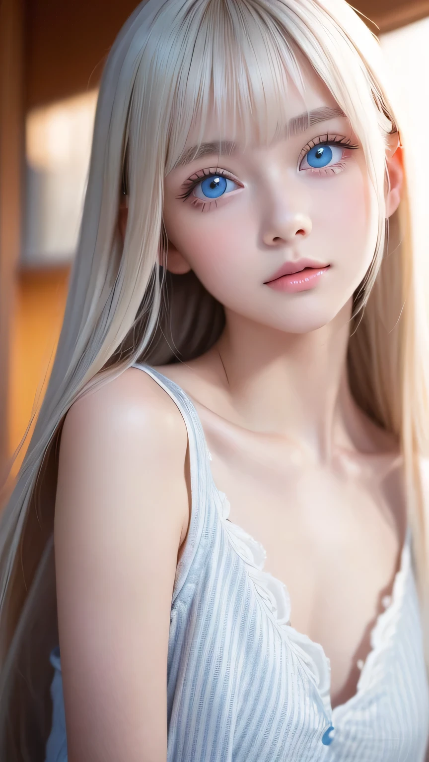  a girl with a beautiful cute face ,beautiful natural platinum blonde hair,Half Body Shot,Beautiful long bangs, beautiful cute bangs between the eyes ,Striped Hair,Round face、 very bright pale light blue eyes that shine so beautifully 、Big Eyes、Pure white beautiful skin、The luster of young cheek skin ,Small face、round face、Beautiful Girl、 extremely beautiful super long straight silky hair、Hair on face、Hair in the eyes