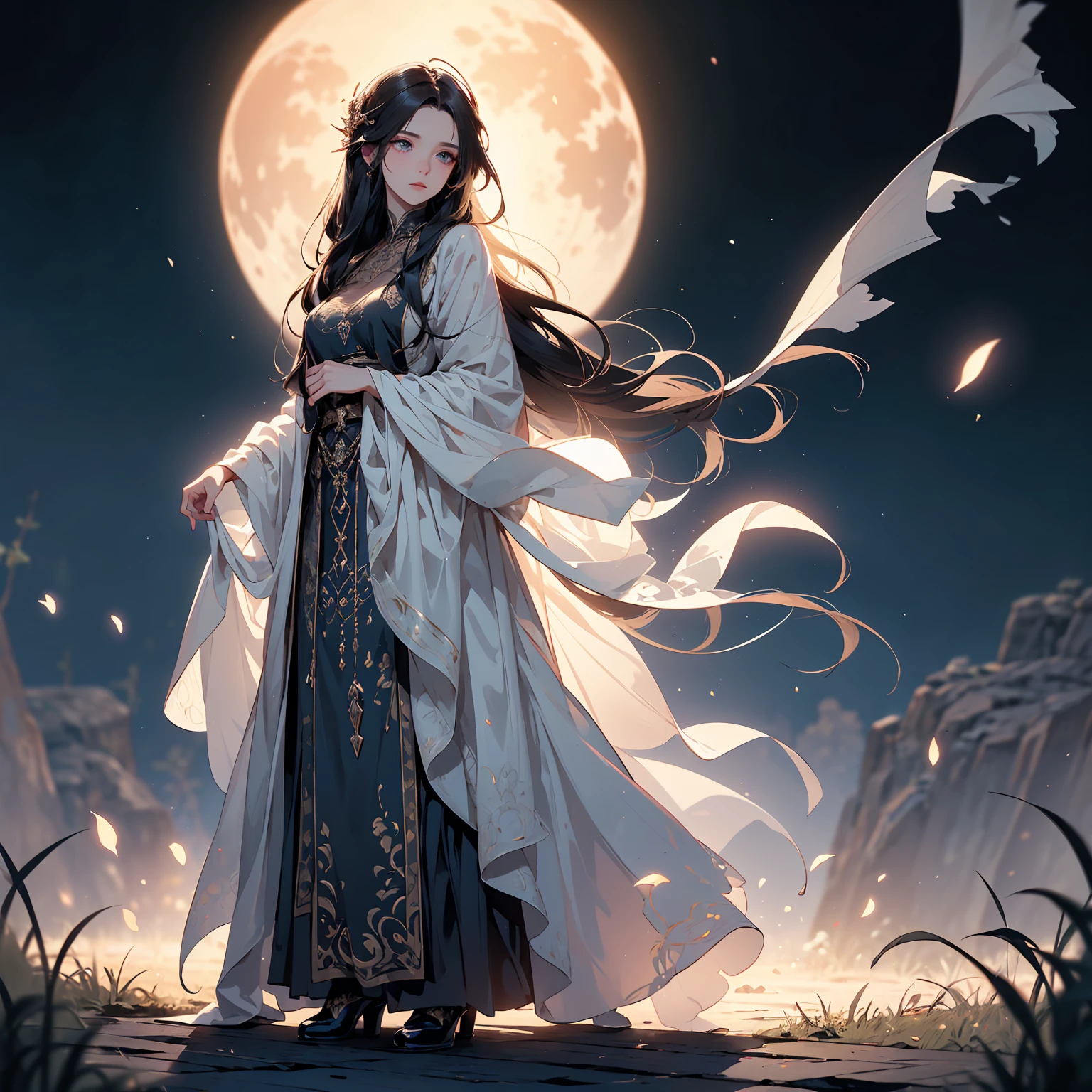 req:(majestic beauty:1.15), (hyperdetailed:1.1), (alluring curves:1.2), (enchanting eyes:1.2), (flowing dark locks:1.1), (elegant robe:1.2), (subtle sensuality:0.85), (mesmerizing presence:1.1), moonlit terrace, cascading vines, holding a glowing lantern, mysterious night.