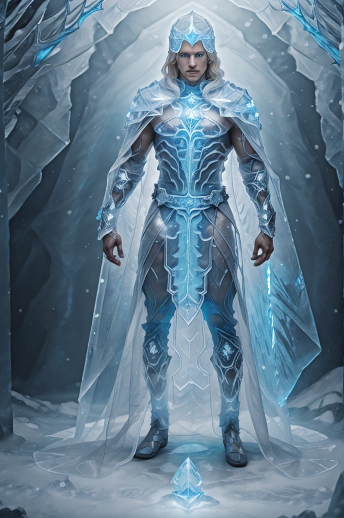 icy cave, rocky foreground, handsome toned Nordic hunk (age 35), pale skin, pale blue eyes, long sandy blonde hair, ic34rmor, wearing ice wizard robes, wearing ice wizard hat, holding (((glowing blue orb))), intricate detail, see-through, translucent, (((full body portrait))), ((full body)), ((facing viewer)), ((looking at viewer)), highly detailed, (high face detail)  