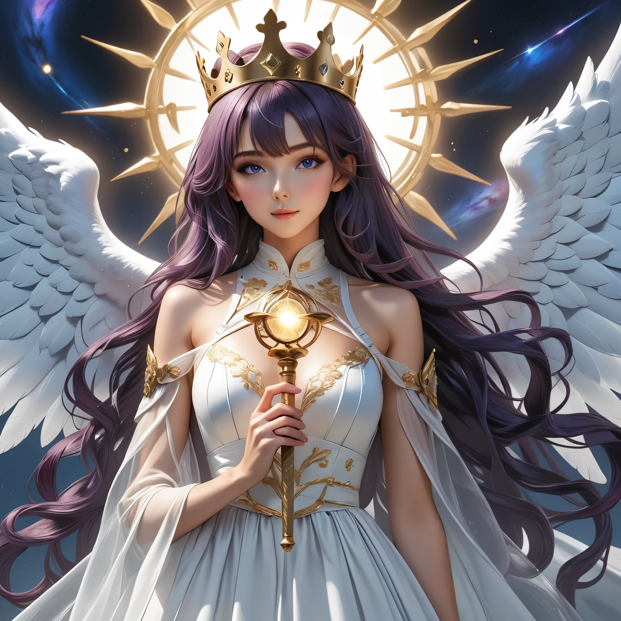 Masterpiece, 4K, HDR, full HD, (best quality), (ultra detailed), (only), intricate ANIME TYPE, best quality, 1girl, deep purple hair , hyper beautiful face, purple hair, perfect anatomy, shiny skin, full body, alone (shiny purple hair, long hair), looking at viewer, perfect hands, perfect legs, super detailed clothes, intricate clothes, hyper detailed cloths, super detailed face, super detailed skin, super detailed quality, expressive eyes, blue eyes, super detailed eyes, JK, epngekatsuragimisato , SDXL Illustration Design Beautiful Girl Two-dimensional Pretty Girl Digital Painting Comic Ukiyo-e Watercolor Manga Other,ROUGH, galaxy, smile, blushing, dynamic pose, American shot, cowboy shot, portrait quality, The attire of an angel type woman of divine light would be ethereal and resplendent. She would be wearing a long, flowing white silk dress with gold embroidery, which subtly shines as if it were emitting its own light. The sleeves are full and translucent, while a golden cape flows from her shoulders. On her back, majestic white wings with golden sparkles extend. She wears a crown of light on her loose, wavy hair, and wears golden sandals. In her hands, she holds a scepter or staff with a brilliant gem that emanates a warm, heavenly light.