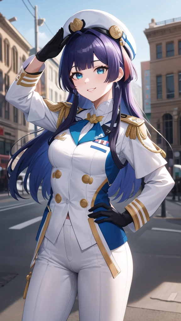 masterpiece, best quality, highres, aapela, long hair, peaked cap, earrings, military uniform, epaulettes, (white shirt:1.2), white sleeves, long sleeves, white pants, idolmaster, cowboy shot, standing, outdoors, salute, hand on hip, smile