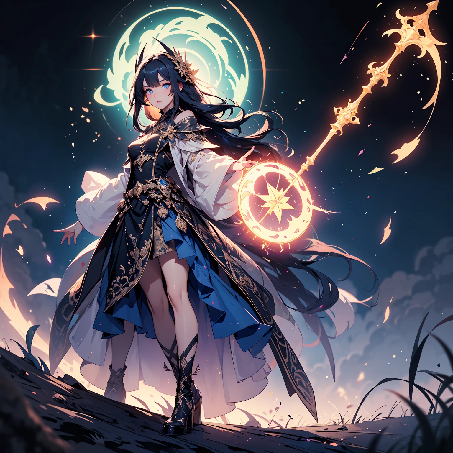 anime girl with long hair holding a magic wand and a glowing orb, beautiful celestial mage, black - haired mage, ayaka genshin impact, keqing from genshin impact, epic mage girl character, shadowverse style, cushart krenz key art feminine, extremely detailed artgerm, full portrait of elementalist, detailed key anime art, anime fantasy artwork