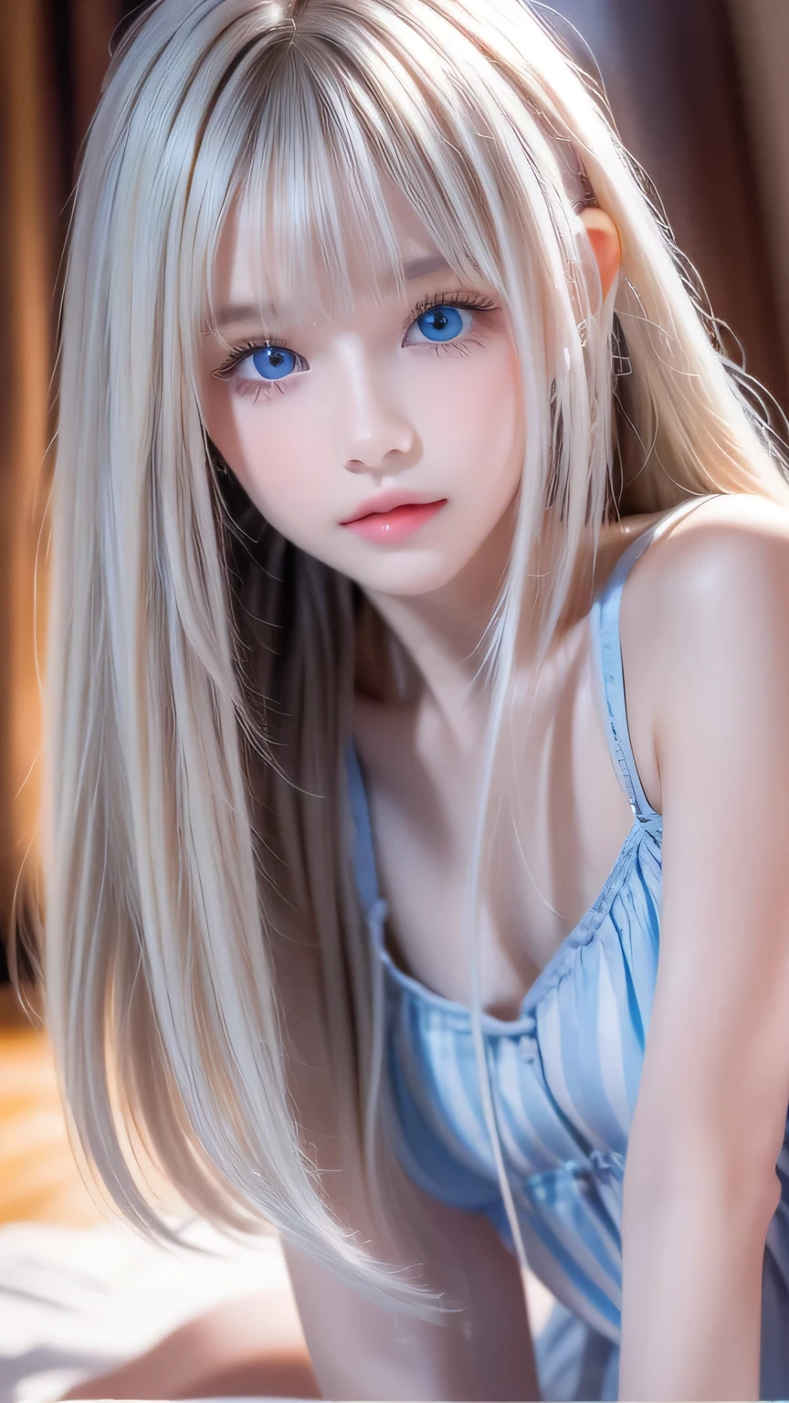 a girl with a beautiful cute face ,beautiful natural platinum blonde hair,Half Body Shot,Beautiful long bangs, beautiful cute bangs between the eyes ,Striped Hair,Round face、Big, incredibly bright, pale light blue eyes that shine so beautifully、Large light-colored eyes、Pure white beautiful skin、The luster of young cheek skin ,Small face、round face、Beautiful Girl、 extremely beautiful super long straight silky hair、Hair on face、Hair in the eyes