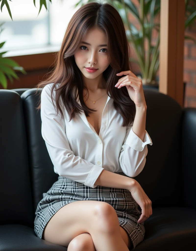 ((Highest quality, 8k, masterpiece: 1.3)), Beautiful Chinese, Pure, Melon face, Gentle and cute, A light smile, Pure desire, Slender body, (front), (Tilt your head), Long brown wavy hair, Windblown Hair, Long, flowing shoulders, Big, round, black eyes, Round Glasses, Clear, big eyes, Moist red lips, sweet, Lie with legs apart on a comfortable black sofa in a cafe shop, Blurred Background, Bright lighting, Open your mouth, Eyes that plead, ((((whole body)))), Sexy thin legs, Small and hard breasts, Lift up your skirt, ((slim and muscular body)), (M-foot:1.5), ((Lift up your skirt:1.5)), Wearing a white short-sleeved collared shirt, (Open shirt:1.3), Grey Plaid Pencil Micro Skirt, White panties under skirt, Tilt your head, (Raise the hand, Raise your arms above your head), Focus on her legs