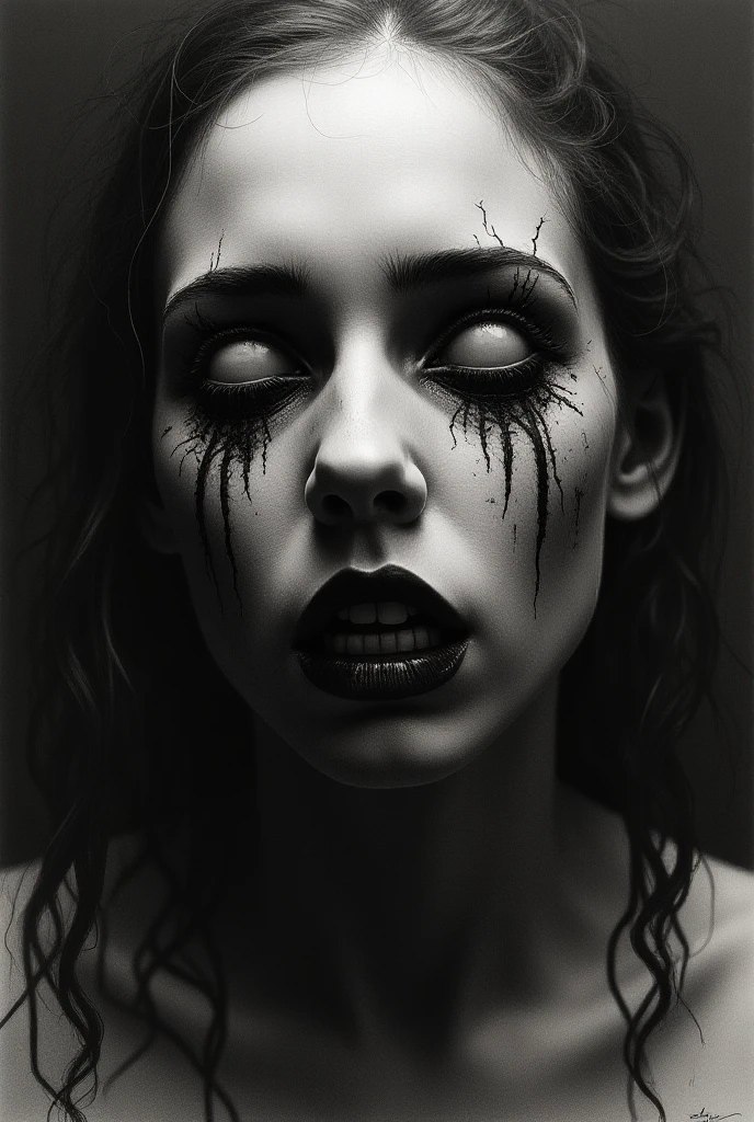 a painting of a woman with a blank stare, her face pale, and thick black blood flowing from her eyes. His lips curved in a thin smile that was so scary that it frightened anyone who saw it