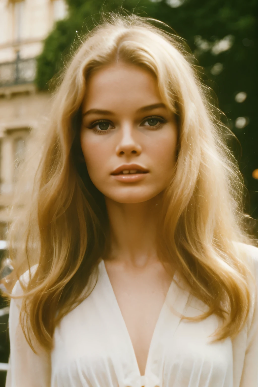 Film still, 1girl, very beautiful supermodel face, dreamy angelic face, 1970 blowout half tied wavy Hair, 1979 fashion, 1970 makeup, highlighted Hair, pale skin, paris outdoor, rich girl, brigitte bardot