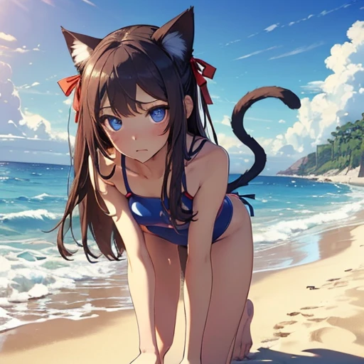 (((masterpiece), best quality, expressive eyes, perfect face, , ,  1girl,  , beach , solo, fit body , seductive pose  , full body shot, cat ears ,  , red and blue swimsuit , full swimsuit, hair ribbon,