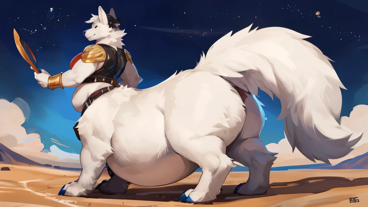 (Rear view), 4k ultra quality, 4k full body view,(ultra high detailed body),(enomorous foxtaur), detailed body,white belly fur,by mystikfox61, by glitter trap boy,feral paws, by bebebebebe,by morethreedee, by seibear,(choker),(thick thigh),(chubby thigh),thicc thigh,thick legs,chubby legs,thicc legs,massive butt,enomorous thigh,massive thigh,massive legs,enomorous legs,thick lower legs,wide legs,(detailed thigh),(wide thigh),thick butt,fluffy belly,furry belly,sharp nails,((sfw)),(ultra detailed face),detailed eyes,big tail,fluffy tail,(detailed tail),enomorous tail,bigger tail,huge tail,volumetric light,((taur)),ultra bigger lower body,big lower belly,round lower belly,big paws,(thick paws),fluffy paws,furry paws,enomorous foot paws,huge foot paws,animal focus,legendary beast,standing,enomorous lower body,strong lower body,(long legs),front view,golden bracelet,leather belts,ornate necklace,ornate belts,multiple belts