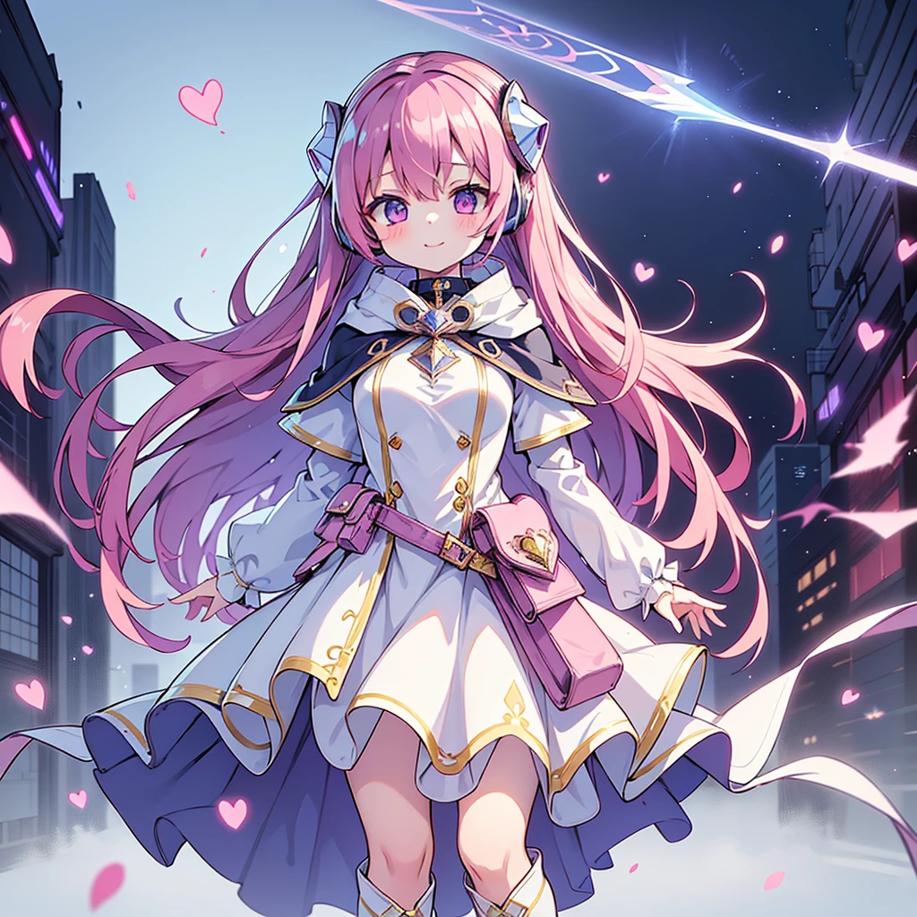  1 girl,Dynamic and perfectly composed、Golden Ratio、Handsome face、The best smile、masterpiece、 best quality、Anime Magical Girl、 Cyberpunk、Cute heart shaped magic wand、Hooded cloak、 Wear a Headset 、アイドルの服なのに Cyberpunk、White long boots、Waist pouch、simple light blue background 、