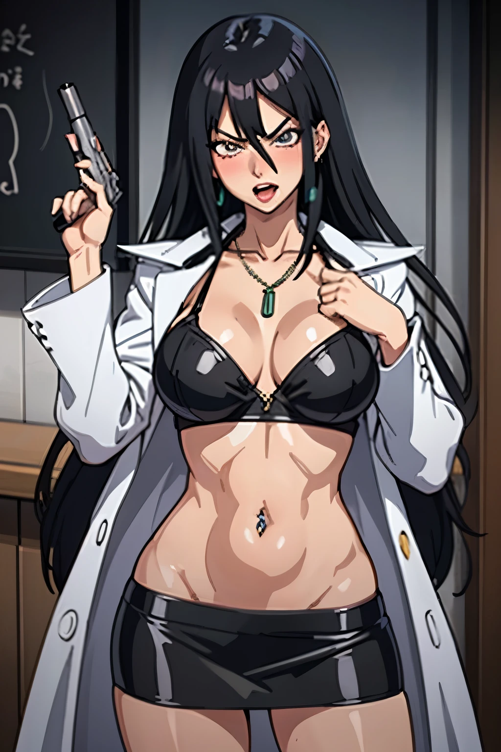 minazukikyouko, black hair,  necklace, earrings,  labcoat, large breasts, long hair,, blush, lipstick, Hot girl, baddie, staring, glaring, bad attitude, mean girl, crazy, smoking, sensual, attractive, bar background, inside bar, masterpiece, best quality, highly detailed, a girls with a gun, open mouth, blazer, sexy gaze, (nsfw) not
safe for work, badass pose , evil smile, smile, black bra, anime girl with long hair, long haired girl,
navel, evil expression, exposed belly, exposed navel, exposed midriff, exposed lower belly, micro
miniskirt, micro pencil skirt, pencil skirt ,holding a gun, holding pistol, navel piercing