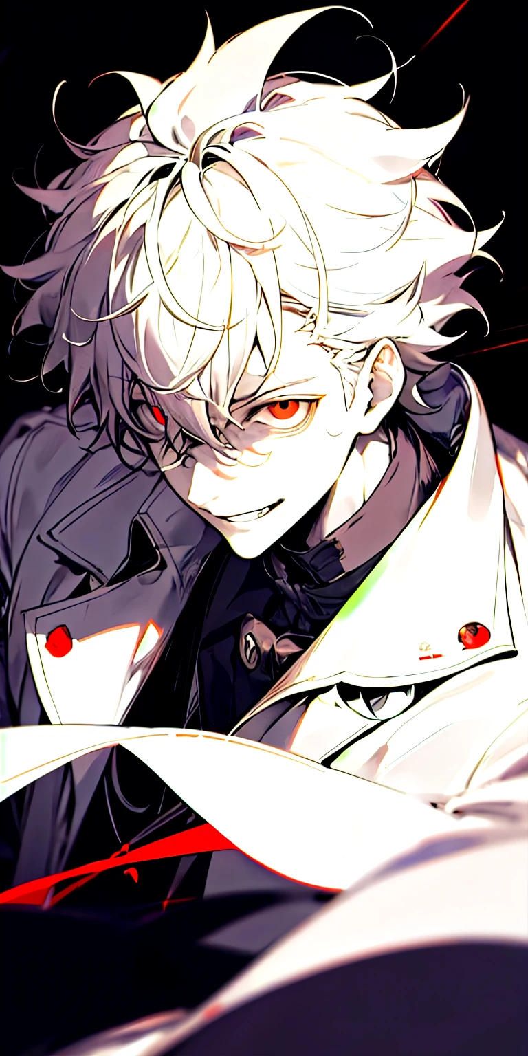 Solo, 1boy, dark skin, short hair, shaved side, coat, red eye, detailed eye, eye with reflex
