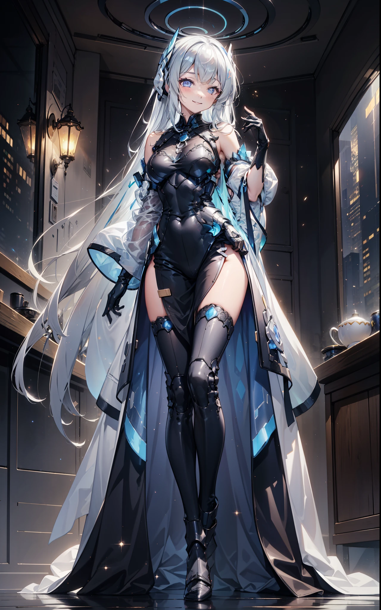 Sentinel of the Celestial Realm，Elegant and charming，charm，in love，(Fantasy world transparent white clothes)，Black gloves，Silver Hair，Smile，Blue Eyes，Intricate Outfits ，armor，Different tone decoration，Exquisite hair accessories，Transparent lace，Sky blue pattern，Light stripes，Dress nicely，indoor，night，Engraved suspender boots，Super super details，Holy Mist，Wearing mecha，Light Particles， Delicate Beautiful Eyes and Faces，armor