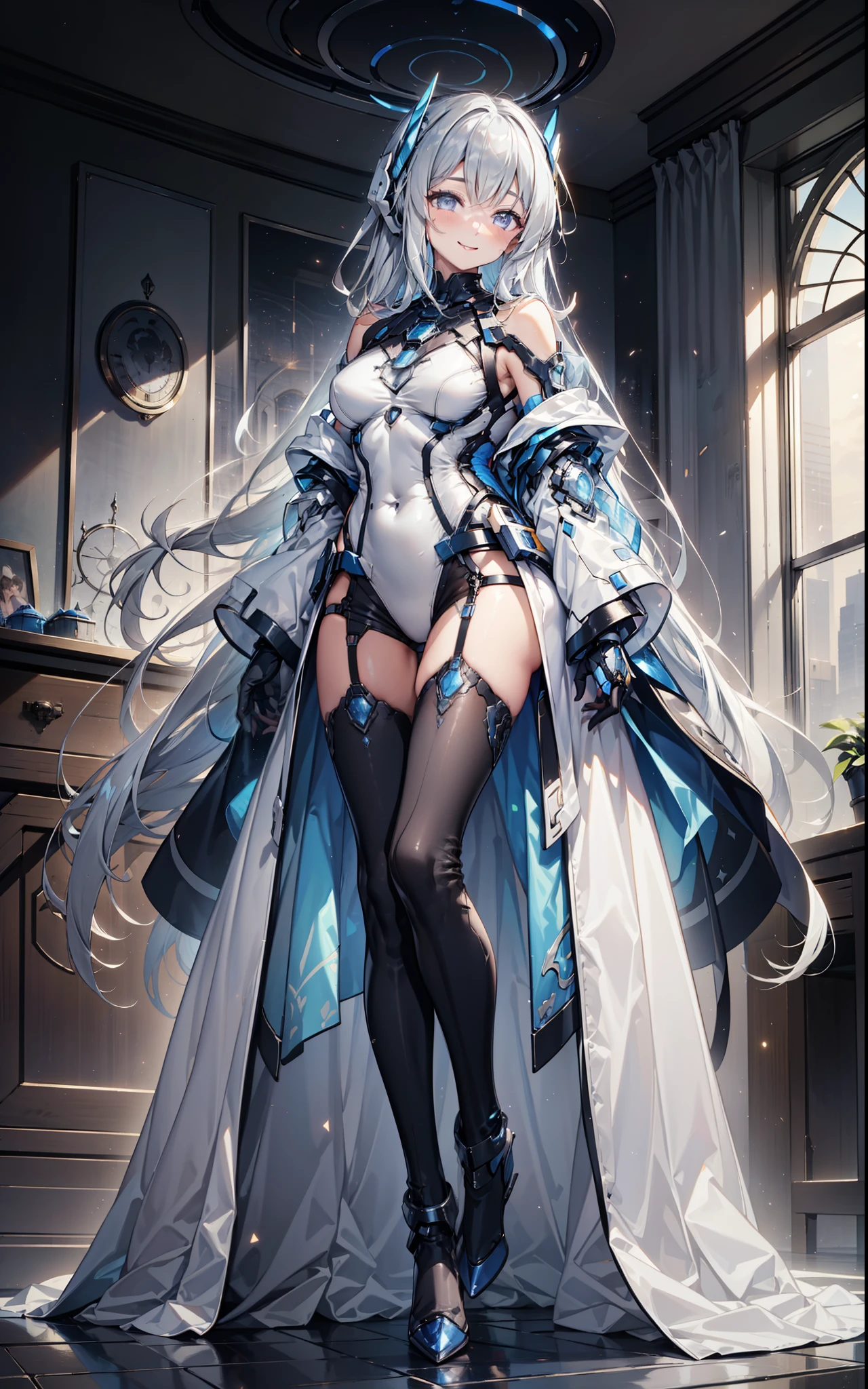 Sentinel of the Celestial Realm，Elegant and charming，charm，in love，(Fantasy world transparent white clothes)，Black gloves，Silver Hair，Smile，Blue Eyes，Intricate Outfits ，armor，Different tone decoration，Exquisite hair accessories，Transparent lace，Sky blue pattern，Light stripes，Dress nicely，indoor，night，Engraved suspender boots，Super super details，Holy Mist，Wearing mecha，Light Particles， Delicate Beautiful Eyes and Faces，armor