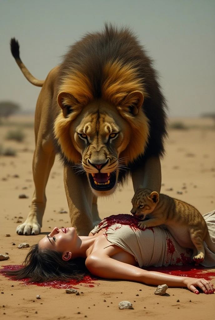 photorealism:1.2) Lion with blood in his mouth, a woman caresses him 