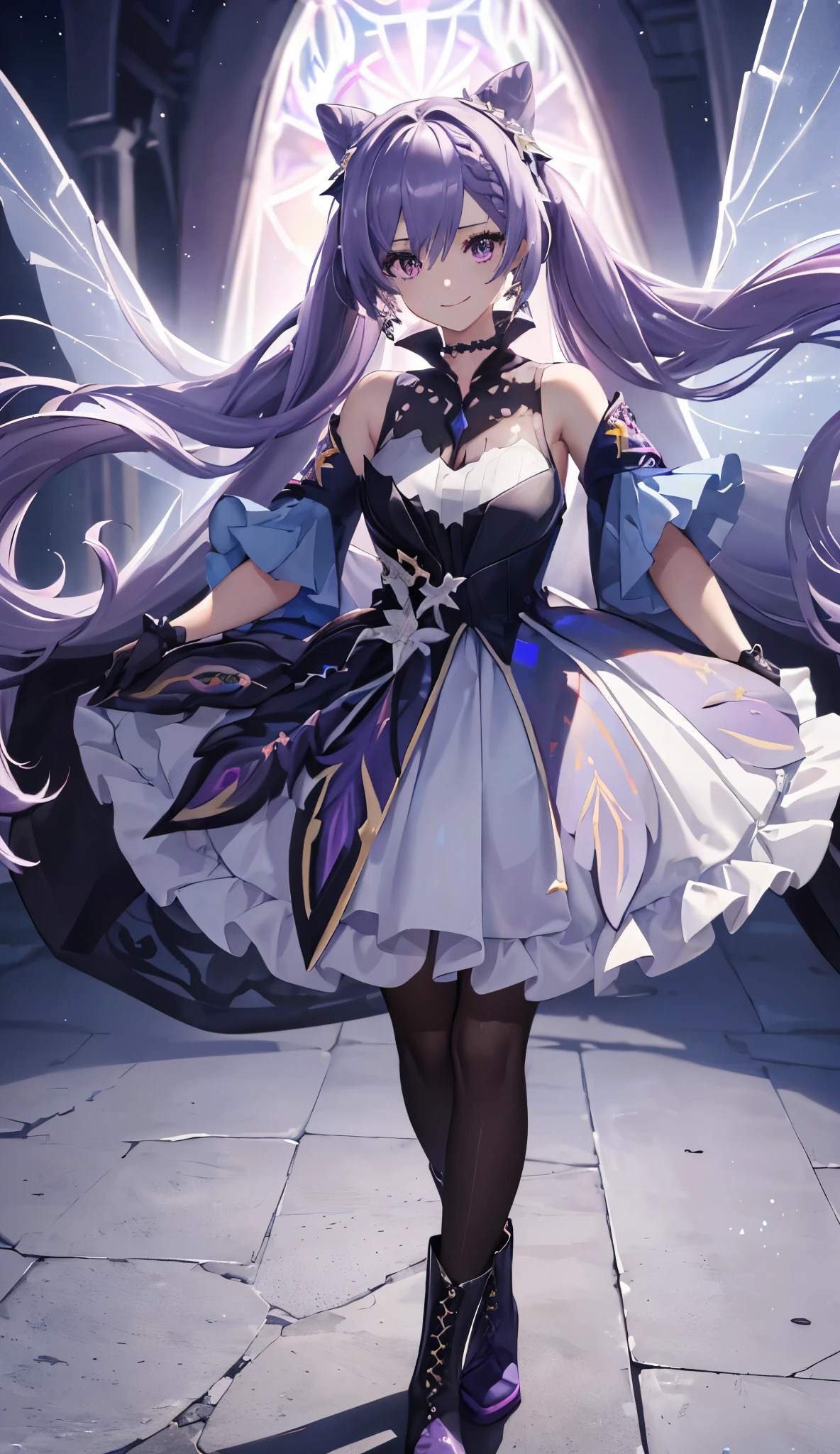 [Red eyes] [Gray Hair] Her dress is made up of a piece of white fabric around the top, midnight blue for the majority of her dress's fabric with black and gold embroidery, open slits around the shit, lavender sleeves with gold accents around the ends, a collar in the same shade of blue as her dress, and a purple necklace. She wears short black gloves with pale purple lining and purple gems on the back of her hands.      She wears a belt with a beige rose, black shorts with pointed edges, and gray transparent stockings. She wears black high heels with blue gems around the ankles