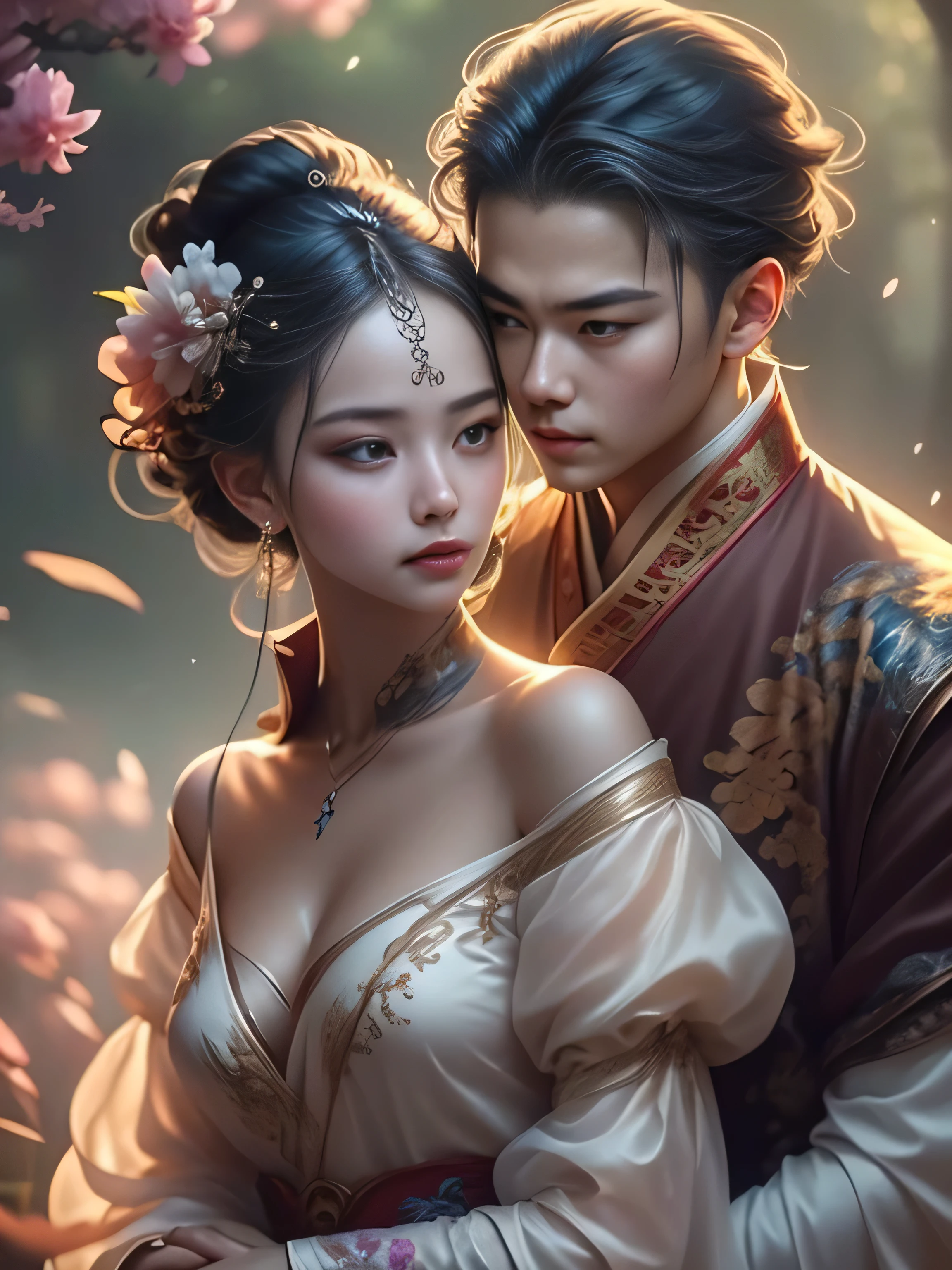 (Best Quality, Super Detail, Masterpiece, Representative Work, Official Art, Professional, Super Fine Detail, 8k:1.3), (photorealism:1.2), (Couple, Beautiful Girl and Boy), A couple in the sea of flowers, Handsome guy hugs beautiful girl from behind, Smiling and Wearing White Clothes, Delicate Hair, Chinese Beauty and Handsome Man, Wearing Ancient Chinese Clothes, Flowing Tulle, Light Silk, Create a movie poster similar to those used in Chinese romantic fantasy dramas, Correct proportions, Perfect face, perfect hands, Sweet atmosphere, Photorealistic, Sharp Focus, Dreamy Atmosphere, Delicate Details, Soft Volumetric Light, (Backlight:1.3), (Cinematic:1.2), Intricate Details, (ArtStation:1.3)