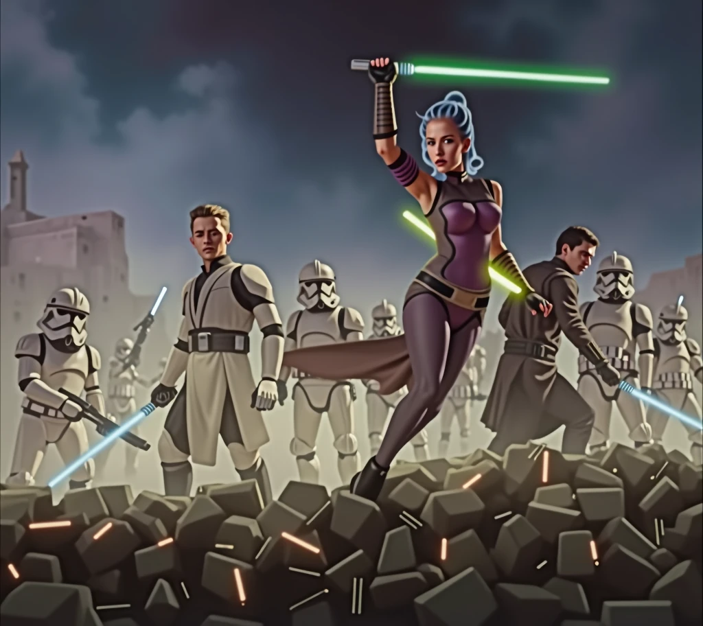 Star Wars, Storm troopers are attacking a coven of lesbian witches (plain robes, nude underneath) in a stone archaic fortress on a remote jungle world