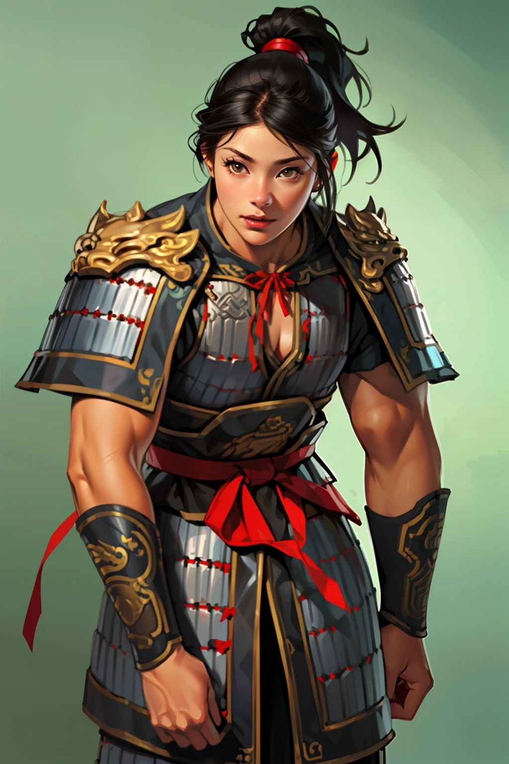 (high resolution, pixel perfect, gorgeous illustrations), (hyper quality, muste piece, etheric: 1.4), ((cowboy_shot)), ((1woman)), face focus, leaning forward, cool atmosphere, black hair, brown eyes, ((Exquisite face)), (((muscular_female))), ((flat chest)), (((wh_chi_armor))), wrinkled skin, gleaming skin, simple background,