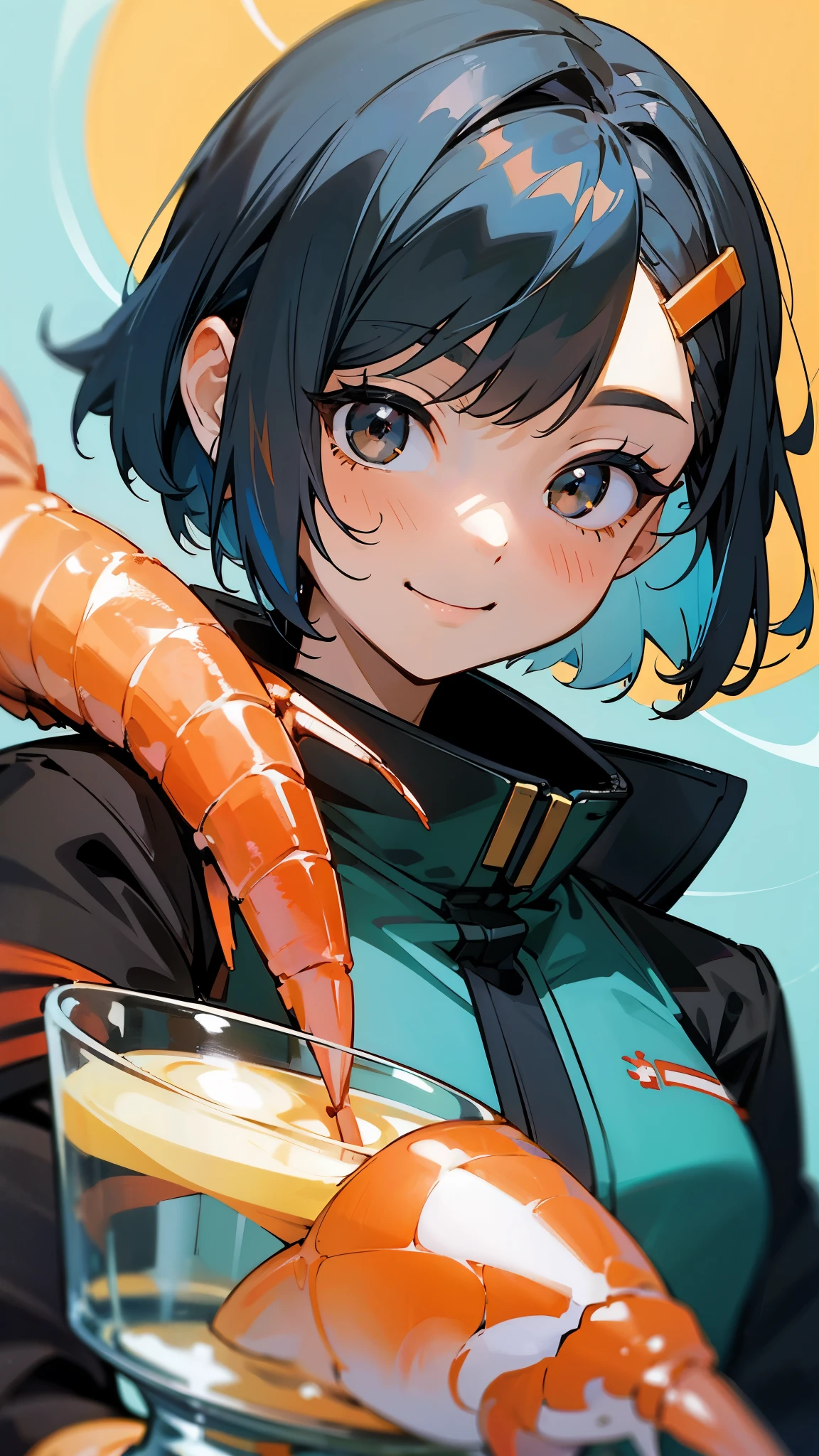 One girl、Anime Paintings、cute shrimp lady 、 jacket、Beautiful brown and jet black eyes、Light blue hair、Bob Hairstyle、 orange hair clip、smile、 upper body close-up 、glass、Drink Vodka、Sharp contours