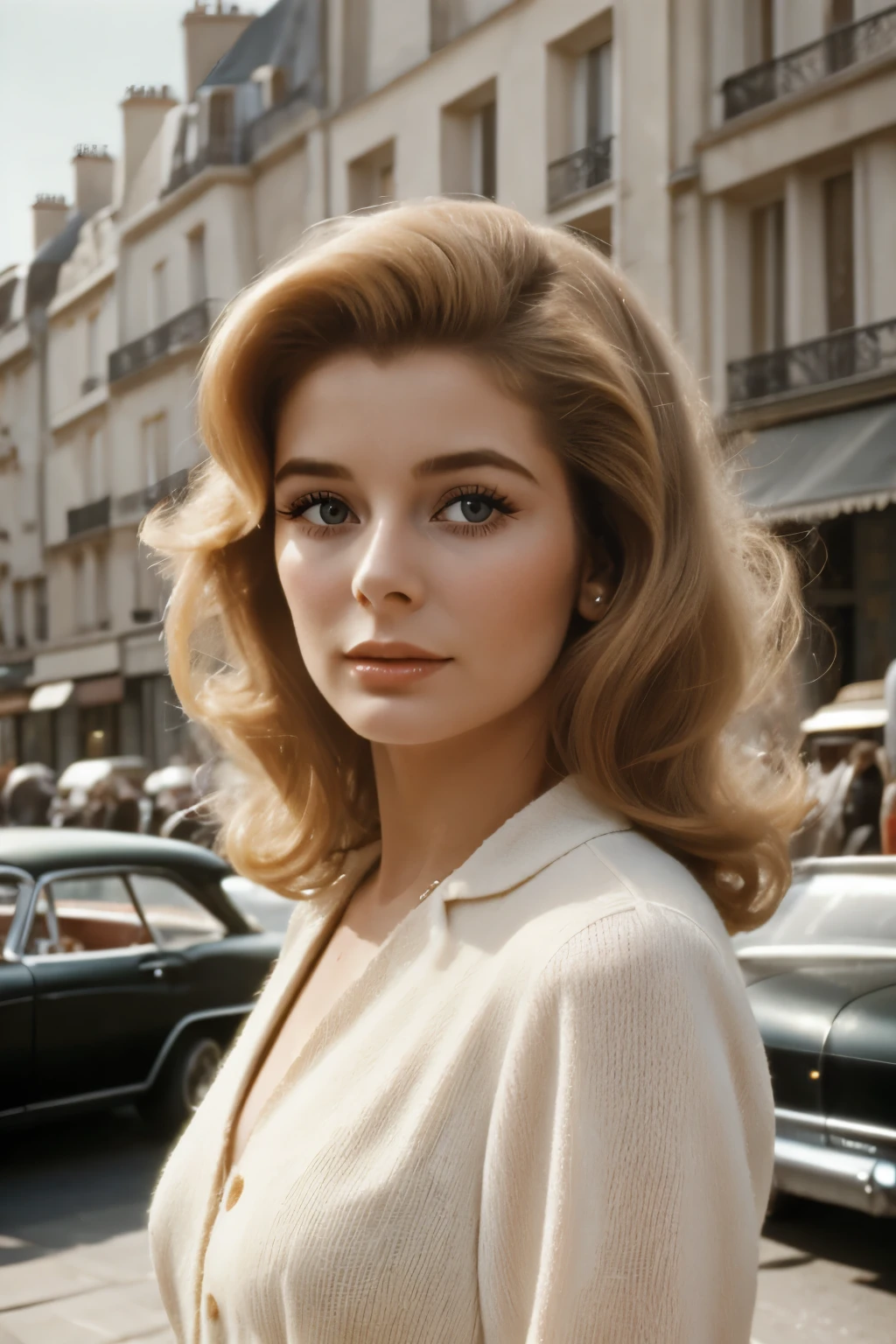 Film still, 1girl, very beautiful supermodel face, dreamy angelic face, 1960 blowout half tied wavy Hair, 1960 fashion, 1960 makeup, highlighted Hair, pale skin, paris outdoor, rich girl, catherine deneuve