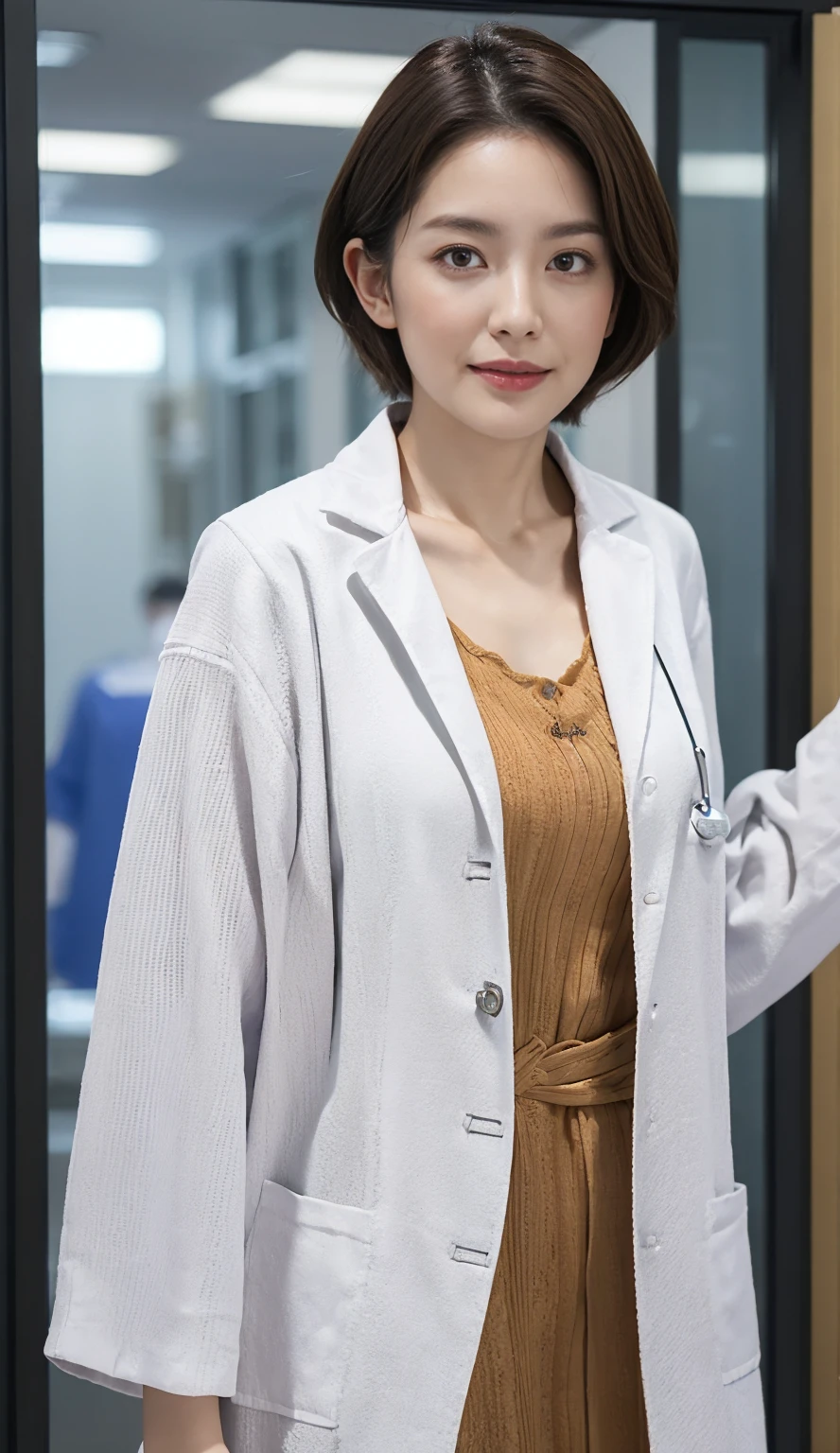 solo,  looks,  High Resolution , masterpiece,  anatomically correct, Best Quality,  Multiple Award Winners ,  ultra-fine,  textured skin, woman、((doctor's lab coat)), The background is the entrance of a university hospital 、40 years old、doctor、 very short hair divided by the center、Large Breasts、